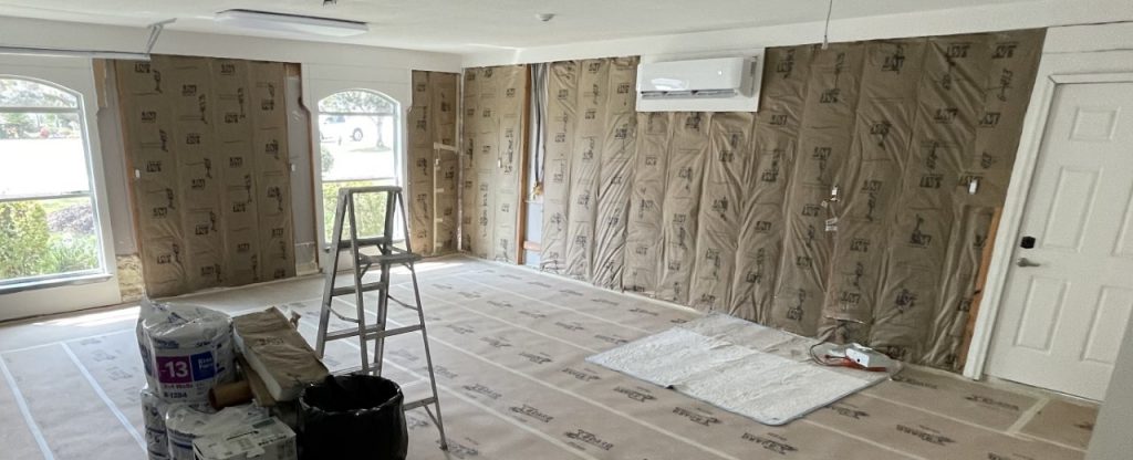 Room with newly installed batt insulation